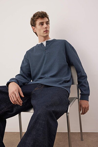 Trendyol Collection Індиго Oversize/Широкий крій Вафельна фактура Довгі рукави На ґудзиках Футболка TMNAW26TS00004