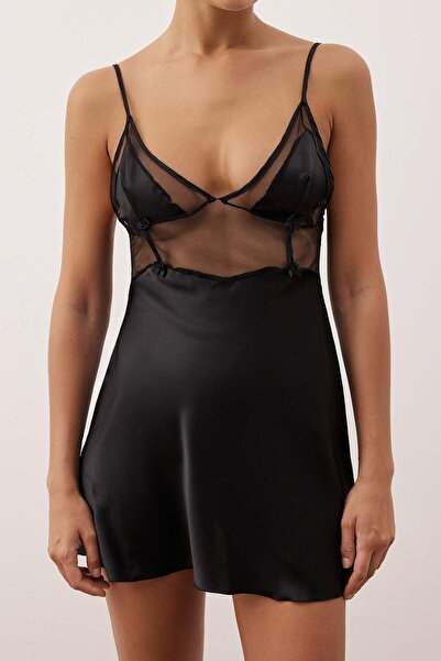 Trendyol Collection Black Tulle/Mesh and Back Detail Capless Strap Satin Babydoll/Fantasy Nightgown Thmaw26Cy00005
