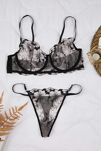 Trendyol Curve Black Brode Floral Plus Size Underwear Set Tbbaw26Dg00008