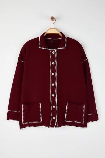 Trendyol Curve Burgundy Polo Neck Embroidered Knitwear Cardigan Tbbaw26Av00021