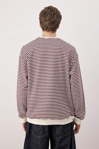 Trendyol Collection Μπλουζάκι από βαμβακερό φλις με ρίγες, μεγάλου μεγέθους/φαρδιά κοπή, με επένδυση από φλις, TMNAW24SW00065