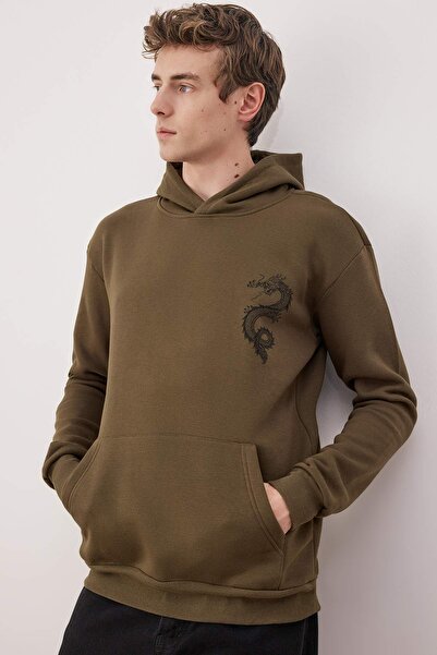 Trendyol Collection Khaki Regular/Normal Cut Printed Hooded Sweatshirt Tmnaw26Sw00065