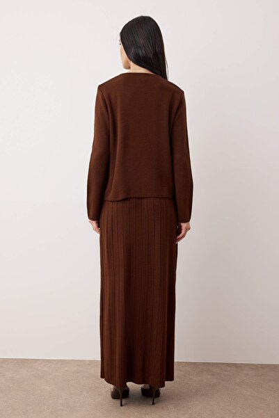 Trendyol Modest Brown Buttoned Skirted Knitwear Bottom - Top Set Tctaw26Us00063