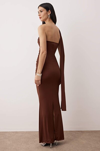 Trendyol Collection Brown Knitted Lined Maxi Stylish Evening Dress Night Graduation Dress Tpraw26El00148