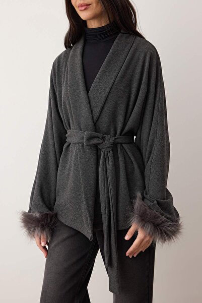 Trendyol Collection Anthracite Fur Detailed Oversize/Wide Fit Thessaloniki Stretchy Knitted Jacket Twoaw26Ce00080