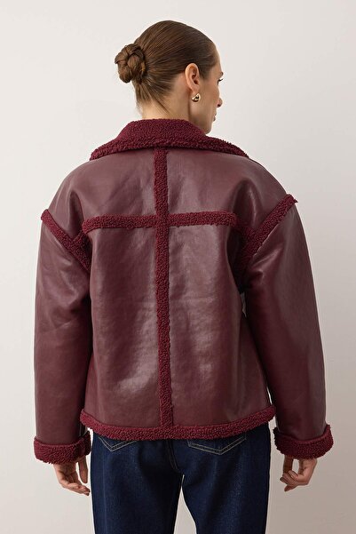 Trendyol Collection Faux Leather Biker Jacket - Claret Red with Plush Detail, TWOAW25MO00066