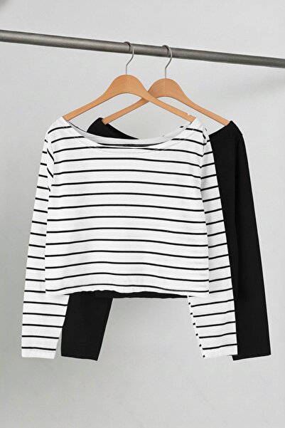 Trendyol Curve Multi-Colored 2-Pack 100% Cotton Asymmetric Boat Neck Crop Knitted T-Shirt Tbbaw26Bf00001