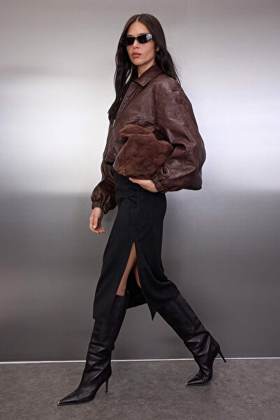 Trendyol Collection Fusta midi tricotată cu fante din piele intoarsa neagra TWOAW26ET00018