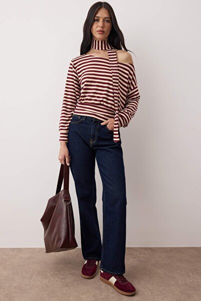 Trendyol Collection Multi-Colored Striped Open Shoulder Shawl Detail Regular/Normal Fit Knitted Blouse Twoaw26Bz00308