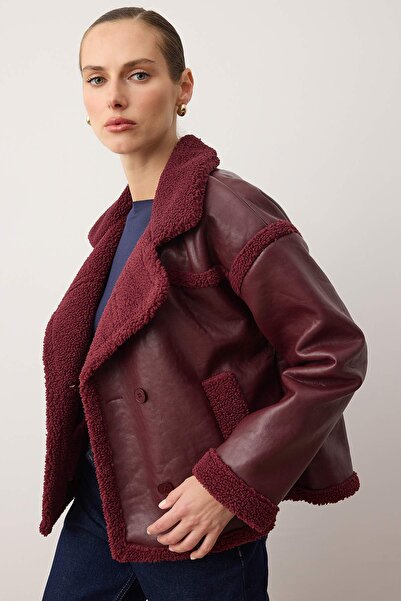 Trendyol Collection Faux Leather Biker Jacket - Claret Red with Plush Detail, TWOAW25MO00066