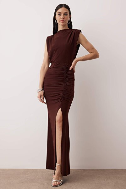 Trendyol Collection Brown Bodycon Draped Woven Long Stylish Evening Dress Tprss24Ae00226