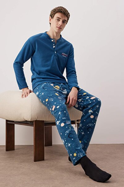 Trendyol Collection Σετ πιτζάμες με μαλακή υφή Indigo Fleece TMNAW25PT00057