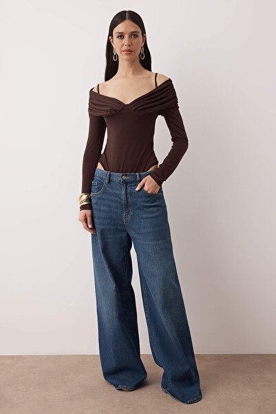 Trendyol Collection Тъмнокафяв дълъг плетен пуловер с карманов яка TPRAW26BD00022