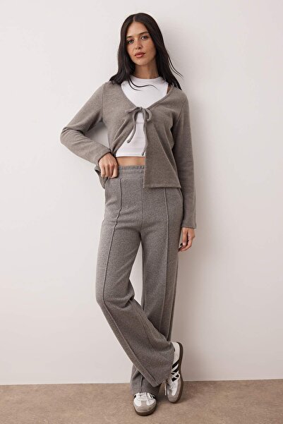 Trendyol Collection Gray Melange Binding Detail V-Neck Textured Stretchy Knitted Bottom - Top Set Twoaw26Au00115