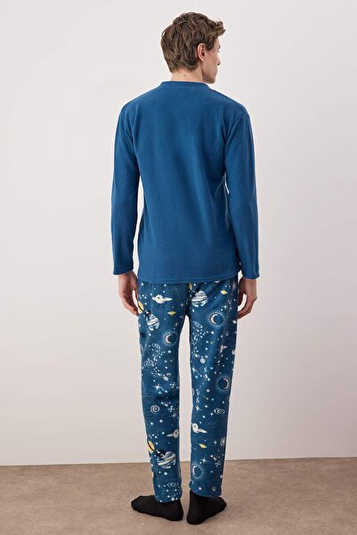 Trendyol Collection Indigo Polar М'яка тканина з вишивкою Трикотажний піжамний комплект TMNAW25PT00057