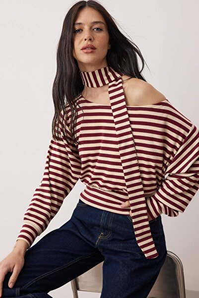 Trendyol Collection Multi-Colored Striped Open Shoulder Shawl Detail Regular/Normal Fit Knitted Blouse Twoaw26Bz00308