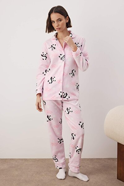 Trendyol Collection Panda mintás világos rózsaszín kötött pizsama és hálószalag - THMAW22PT0359