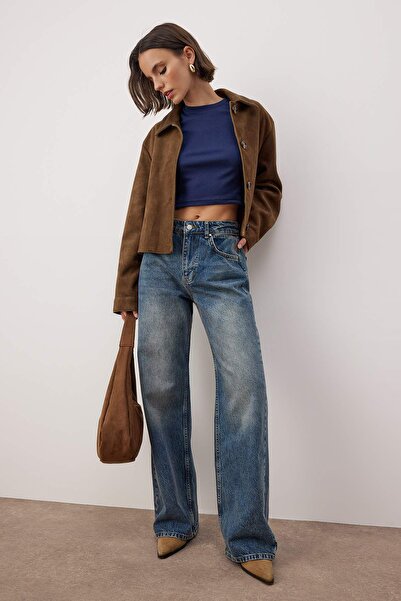 Trendyol Collection Blue*002 High Waist Wide Leg Wide Leg Smoke Jeans Twoaw24Je00075