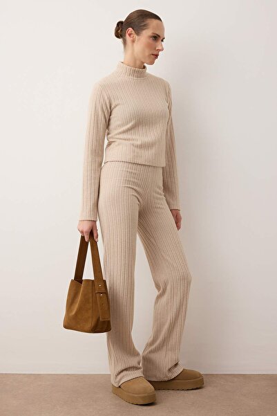 Trendyol Collection Stone Stand Collar Regular Top Flare Bottom Ribbed Stretchy Knitted Bottom - Top Set Twoaw26Au00119