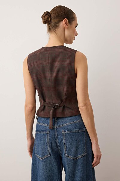 Trendyol Collection Καφέ μπορντό καρό υφαντό γιλέκο TWOAW26YE00063