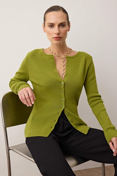 Trendyol Collection Oil Green Premium Yarn/Special Yarn Fitted/Fitting Wool Knitwear Cardigan Twoaw26Hi00046