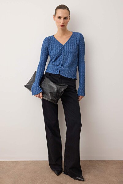Trendyol Collection Indigo Textured Long Sleeve Stretchy Knitted Blouse Twoaw26Bz00334
