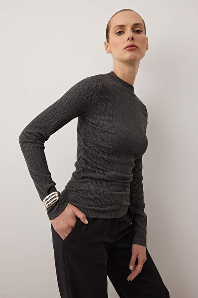 Trendyol Collection Anthracite Drape Detailed Stand Collar Knitted Blouse - Twoaw25Bz00221