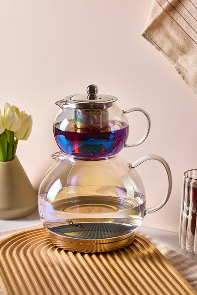 Perotti طقم إبريق شاي من زجاج البورسليكات من دييجو لاستر مع قاعدة حثية 500 مل إبريق شاي 1800 مل إبريق ماء