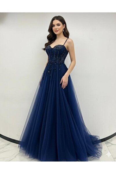 BALCI ETEK SİMLİ İP ASKILI TAŞ DETAYLI  ABİYE ELBİSE 1307