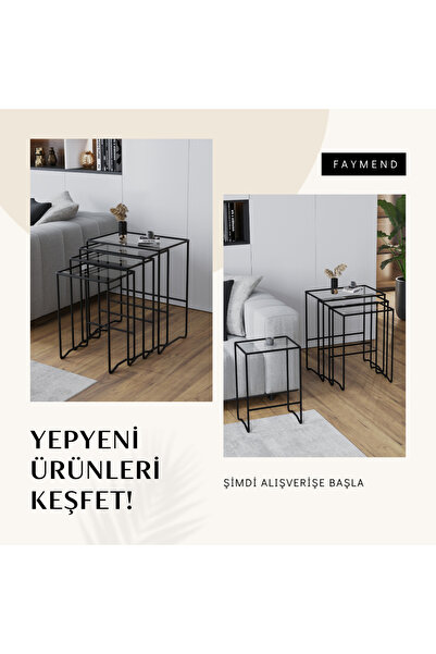 FAYMEND MİMOZA 4 lü Zigon Sehpa, Metal Sehpa, Cam Sehpa 'SİYAH - ŞEFFAF'