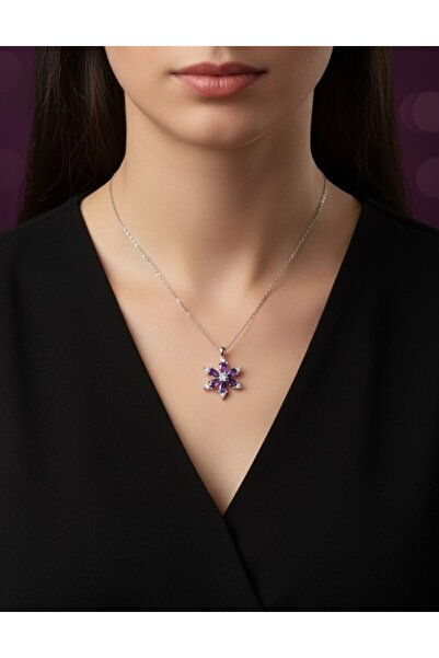 ACQUA BELLA 925 Ayar Gümüş Ametist Taşlı Mor Lotus Kamelya Çiçeği Kolye – Lüks Tasarım, Özel Hediye Kutulu