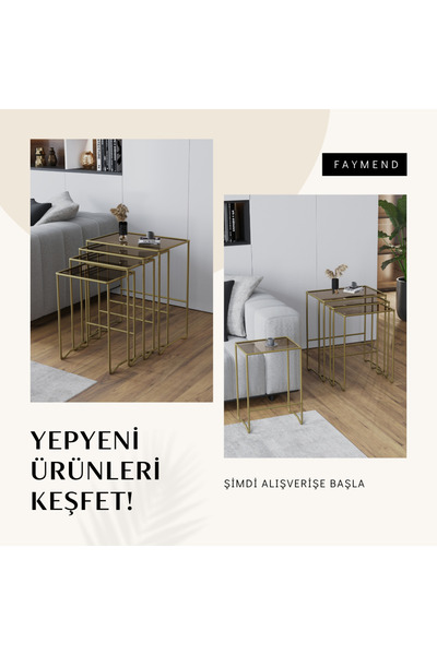 FAYMEND MİMOZA 4 lü Zigon Sehpa, Metal Sehpa, Cam Sehpa 'GOLD - BRONZ'
