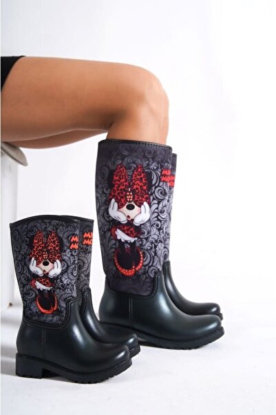 Sea&Blue Anne Kız Kombin Minnie Mouse Gri Baskılı Su Geçirmeyen Yağmur Çizmesi