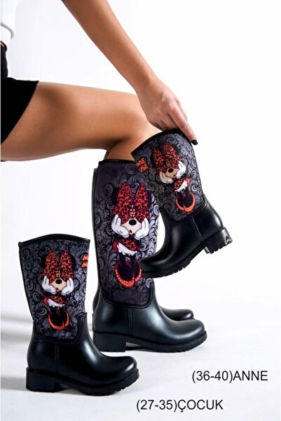 Sea&Blue Anne Kız Kombin Minnie Mouse Gri Baskılı Su Geçirmeyen Yağmur Çizmesi