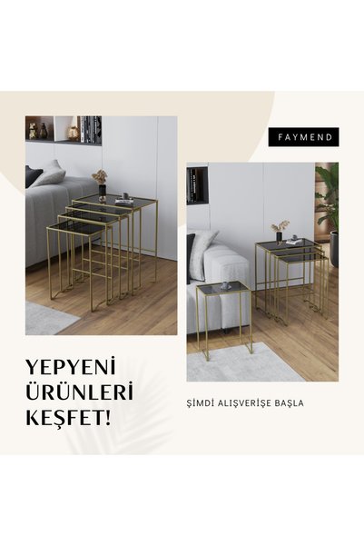 FAYMEND MİMOZA 4 lü Zigon Sehpa, Metal Sehpa, Cam Sehpa ' GOLD - FÜME'