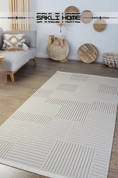 Saklı Home Ekru Beyaz Sisal Bukle Dokuma Hasır Makine Halısı Saçaklı Kaymaz Oturma Salon Mutfak Çocuk Oda