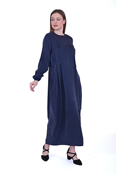 Invee Navy Blue 7013 Model Modal Fabric Textured Invee Dress