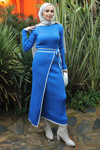 İmajButik Saks Mavi Yan Bağlama Detaylı Fitilli İkili Triko Elbise