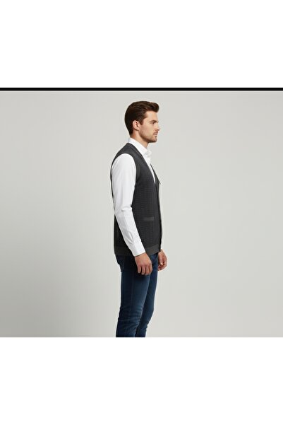 ALGE TRİKO Güncüoğlu Steel Knitted Buttoned Anti-Pilling Men's Knit Vest