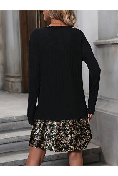 Butik Women's Long Sleeve Crew Neck Hooded Camisole Blouse and Single Jersey Skirt