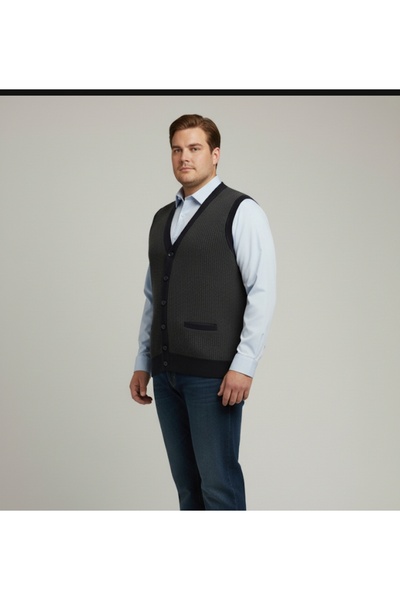 güncüoğlu Battal Size Pocketed Buttoned Steel Knitted Men's Tricot Vest