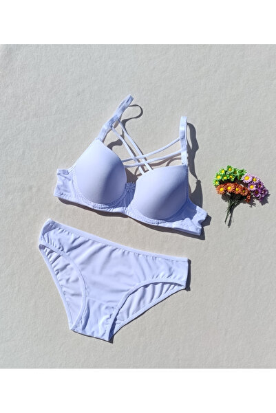 siyalife Hollow Covered Underwire Unpadded Cross String White Bra and Panty Lingerie Set (Hollow)