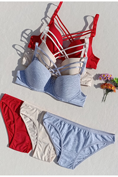 siyalife Hollow Covered Underwire Unpadded Cross Drawstring 3-Piece Bra and Panty Underwear Set (Hollow)