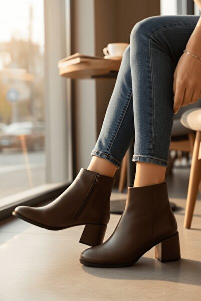 DİVOLYA Asper Kahverengi Deri ( 5 cm Topuklu ) Günlük Kullanım Kadın Botu