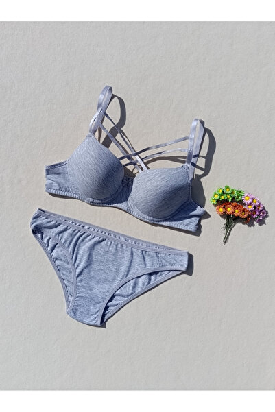 siyalife Hollow Covered Underwire Unpadded Cross String Gray Bra and Panty Lingerie Set (Hollow)