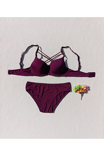 siyalife Hollow Covered Underwire Unpadded Cross String Plum Bra and Panty Lingerie Set (Hollow)