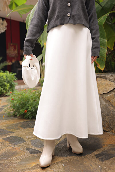 İmajButik Ecru Elastic Waist Scuba Flared Skirt