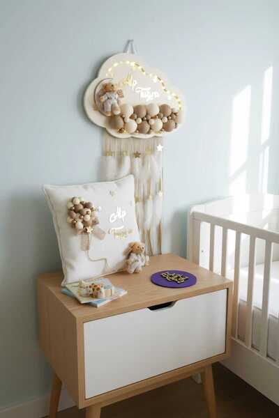 BL Baby Lüks Bubble Ledli Bulut Bebek Kapı Süsü Ve Yastık Krem Zemin Kahve Top