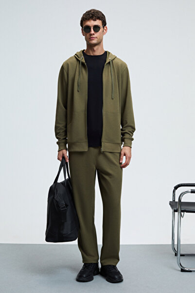 GRIMELANGE Gage Men's Hooded Metal Bird Eye Detailed Zippered Drawstring Pocket Khaki Sweatshirt