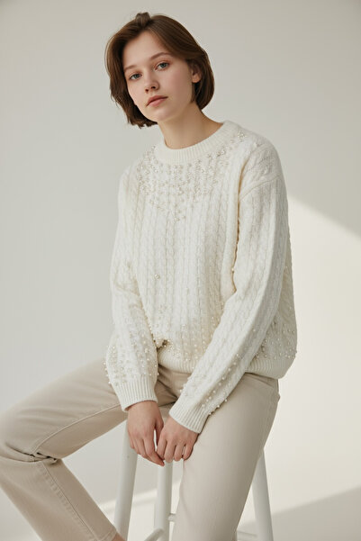 NEWCO Pearl Detailed Knitted Patterned Loose Knitwear Sweater Crew Neck Comfo...